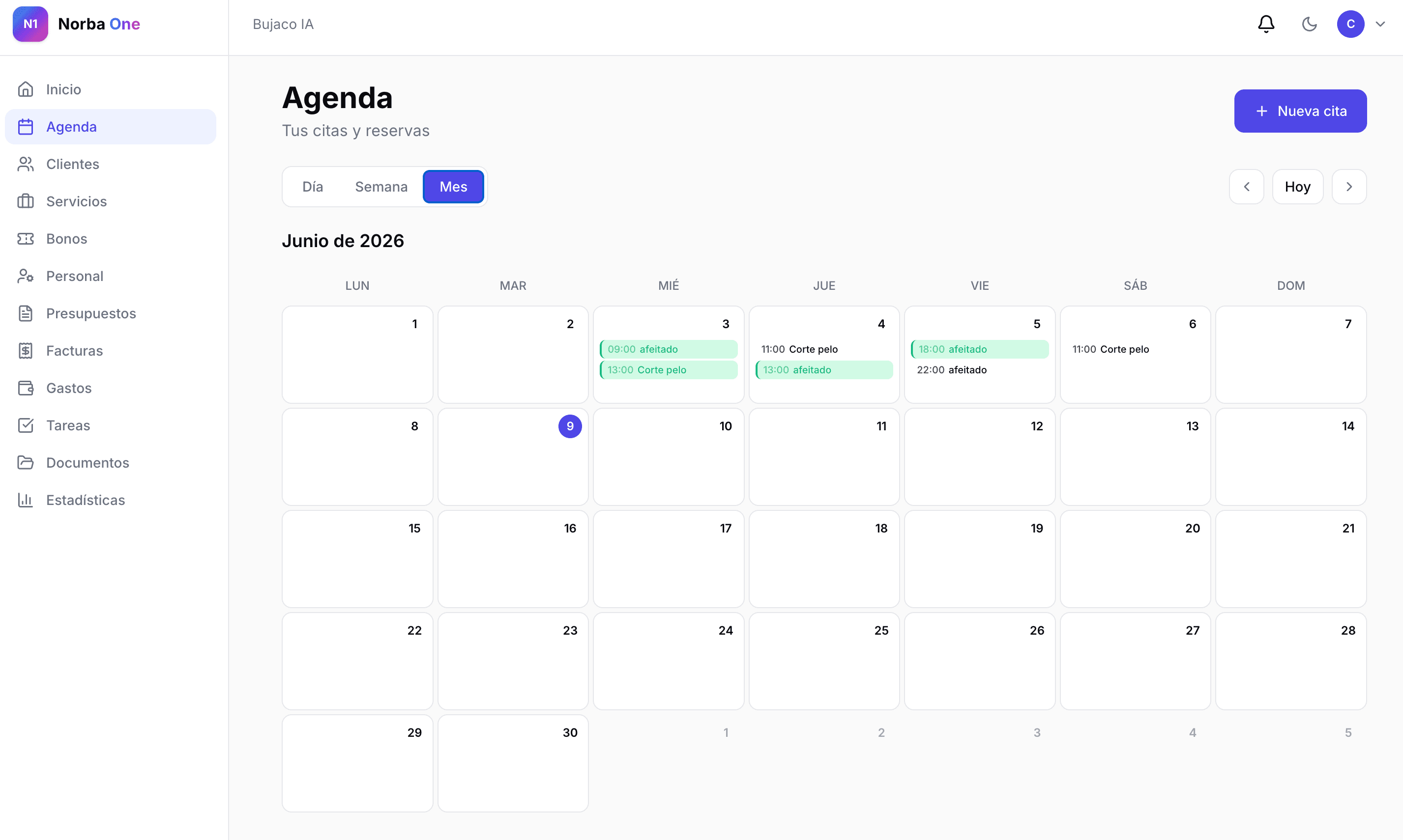 Agenda mensual de Norba One con las citas del mes