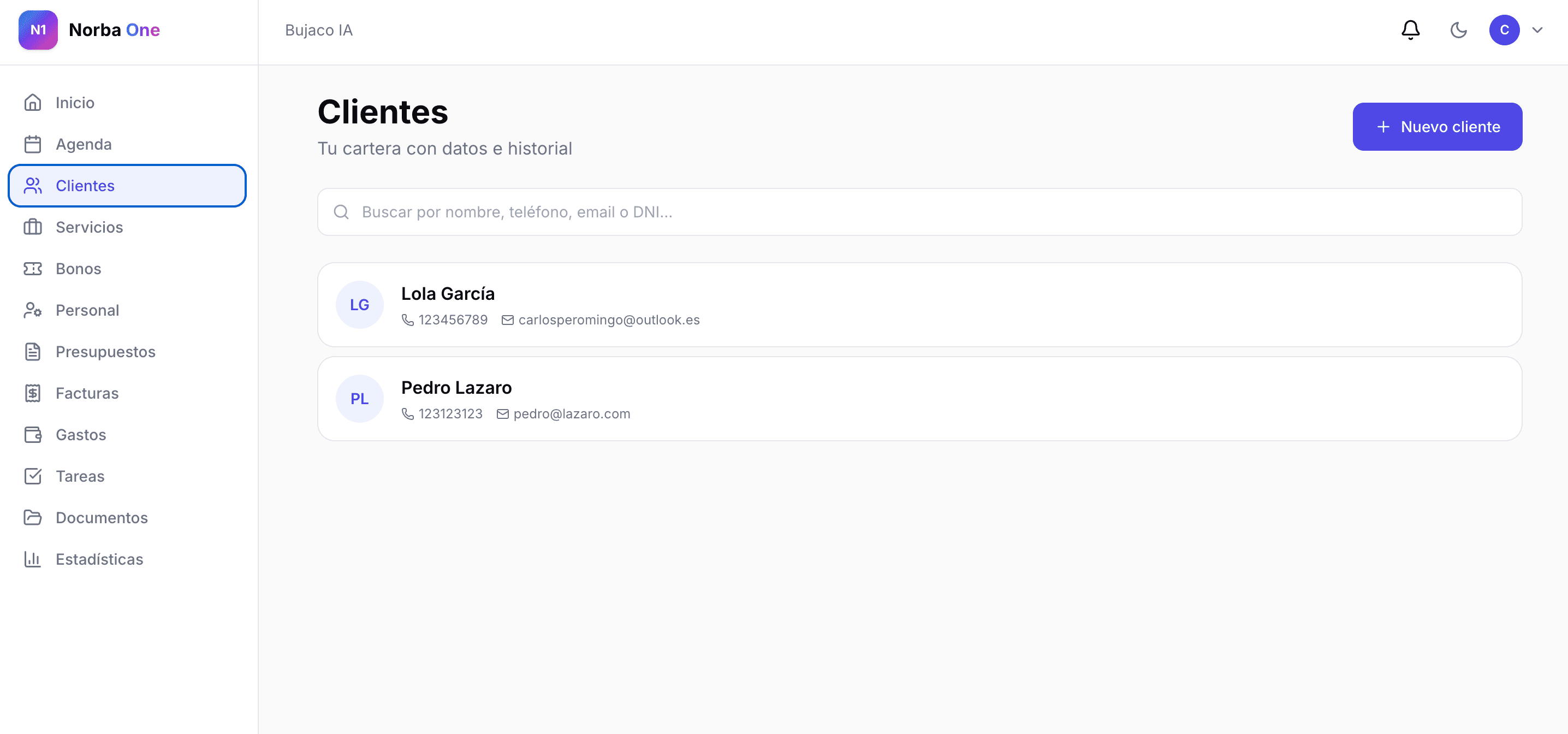 Listado de clientes de Norba One con búsqueda