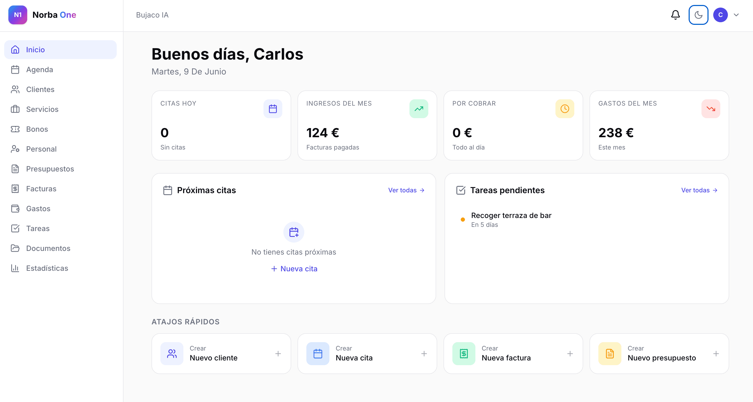 Panel de inicio de Norba One