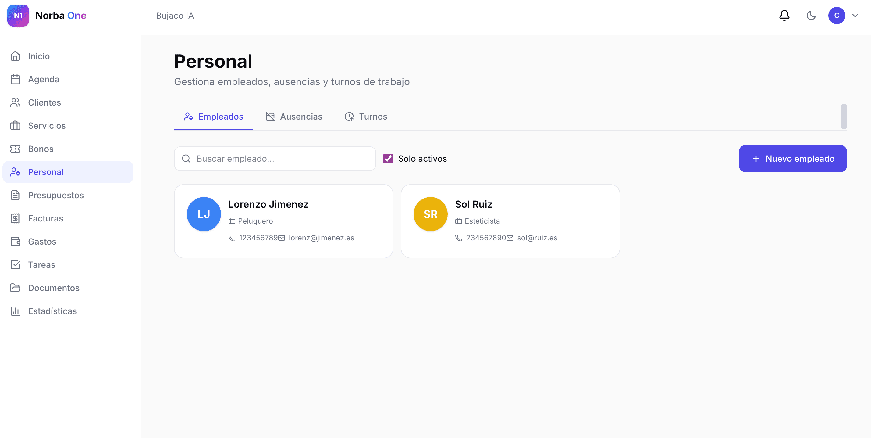 Gestión de personal de Norba One con empleados